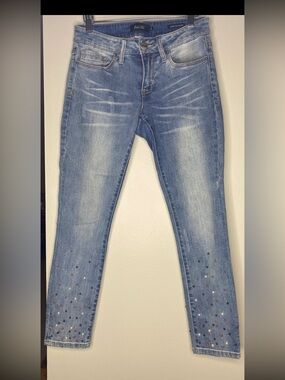 NANETTE LEPORE Hamilton Mid Rise Skinny Crop Blue Jeans Pearl Embellished Size 2
